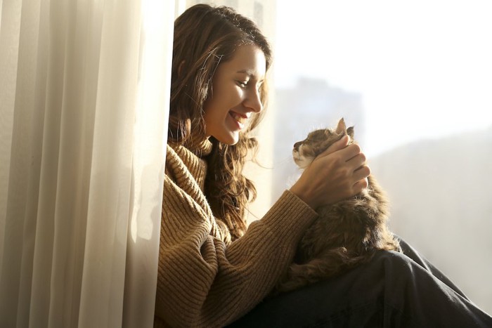 カーテンの近くに座る女性の膝に乗って甘える猫