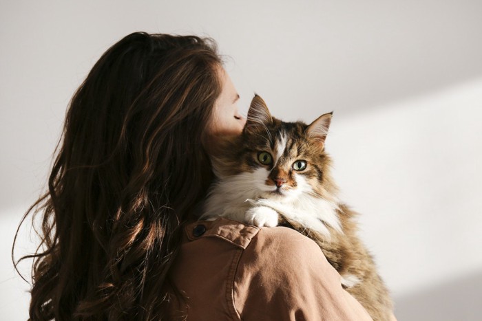猫を抱き上げる女性