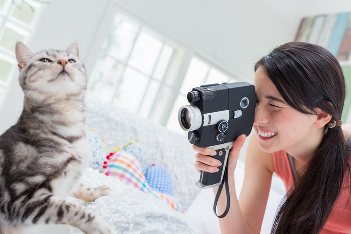猫と猫を撮影する女性の写真