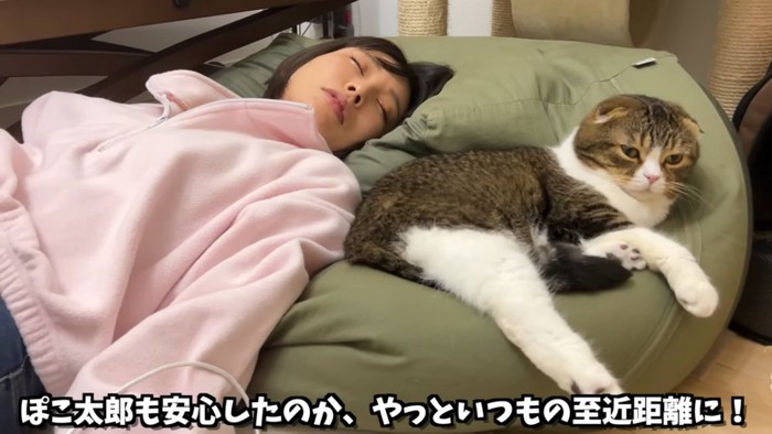 寝ている人と隣で寝そべる猫