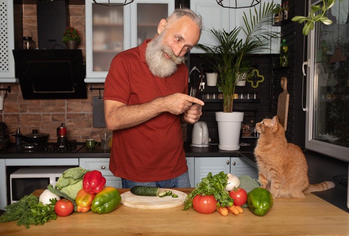 台所にいる男性と猫