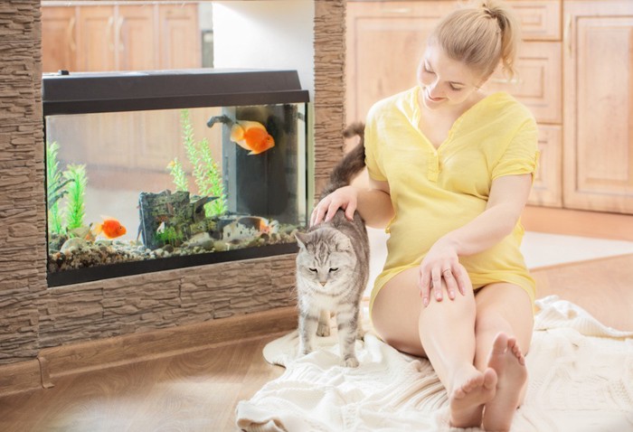水槽のある部屋でくつろぐ女性と猫