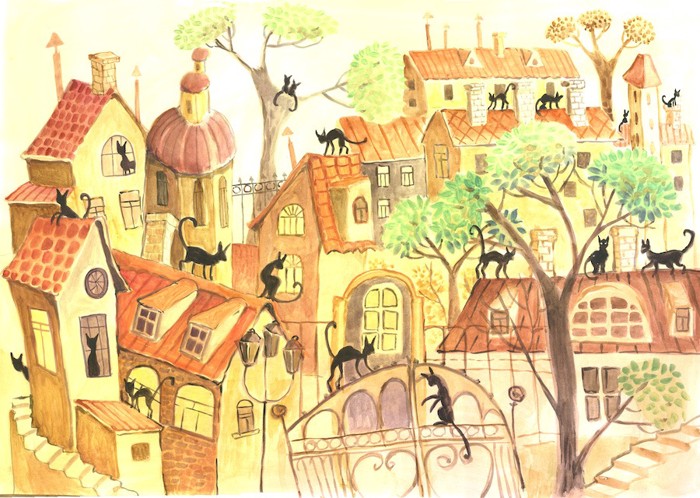 町の中にたくさんの黒猫が描かれている絵