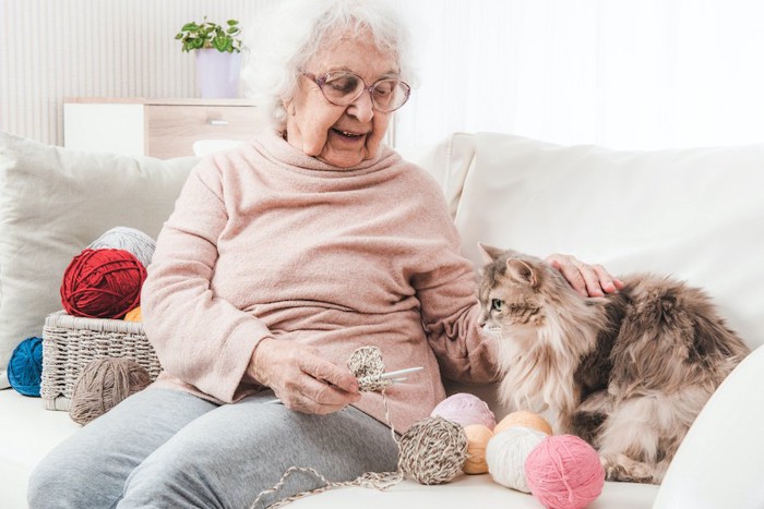 ソファーに並んで座るおばあちゃんと猫