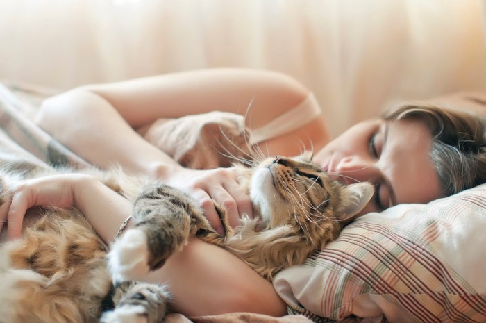 猫と一緒にベッドで寝ている女性