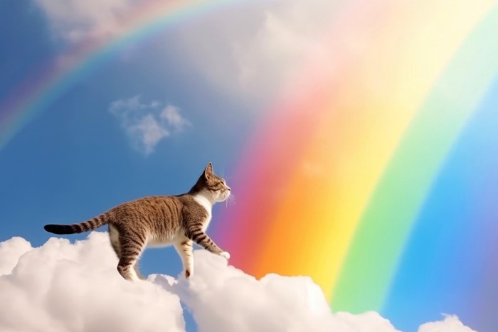 雲の上で虹を眺める猫