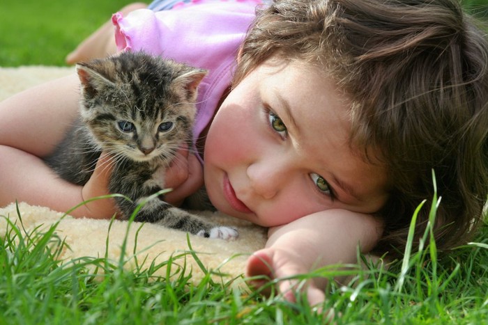 草原で寝転ぶ子供と子猫
