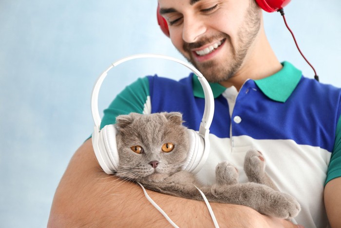 一緒に音楽を聴く猫と飼い主さん