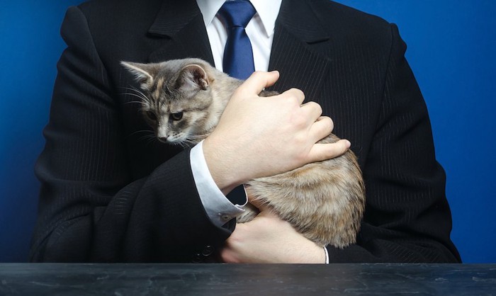 猫を抱いたスーツ姿の男性