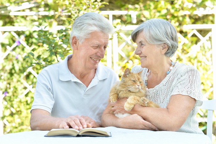 笑顔の老夫婦に抱かれた猫