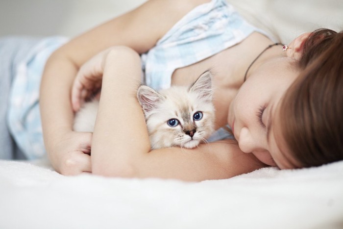 眠る少女と一緒の猫
