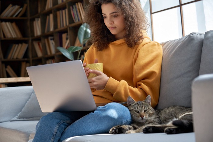 ソファの上でPCを見つめる女性によりかかる猫