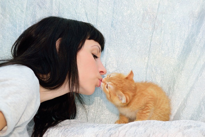 猫とキスする女性の写真