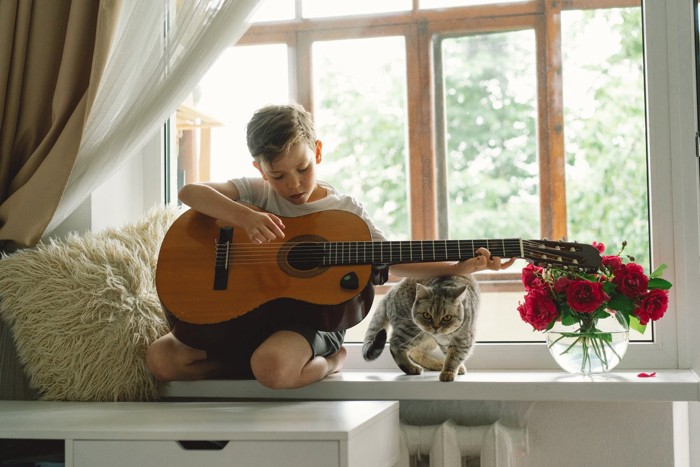 ギターを弾く少年と猫