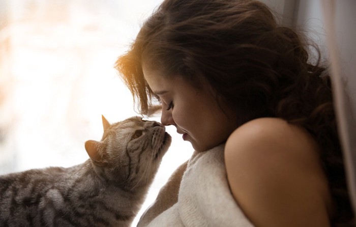 女性と鼻チューする猫