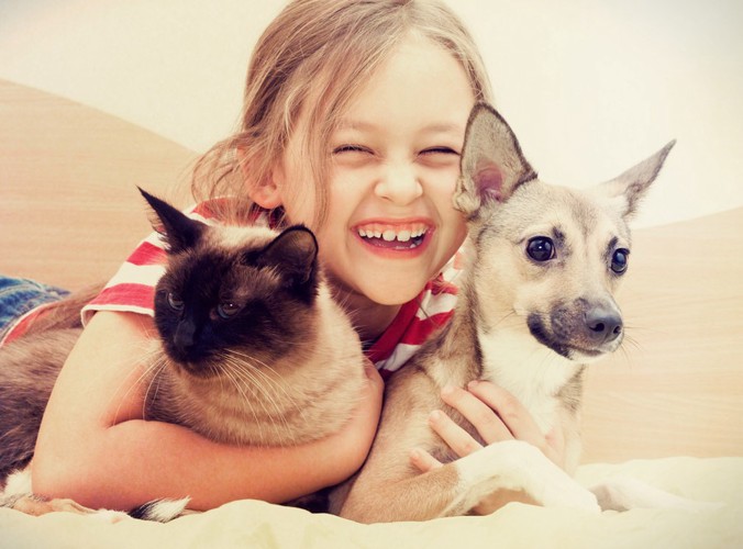 犬と猫を抱っこする女の子