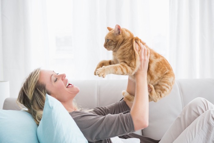 ソファーで猫を抱き上げる女性