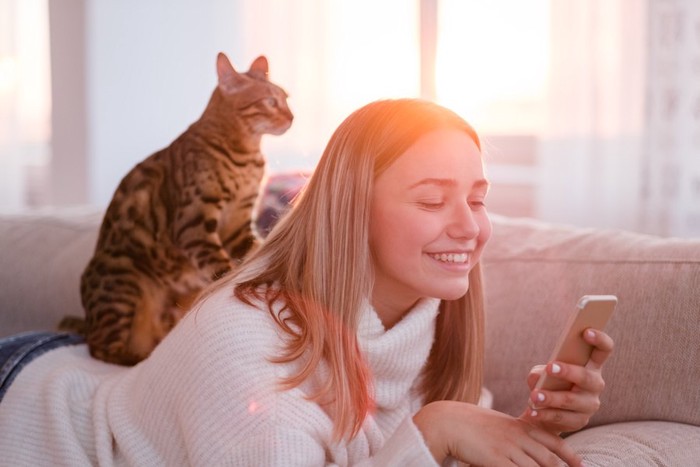 スマートフォンを見る女性の背中に乗る猫