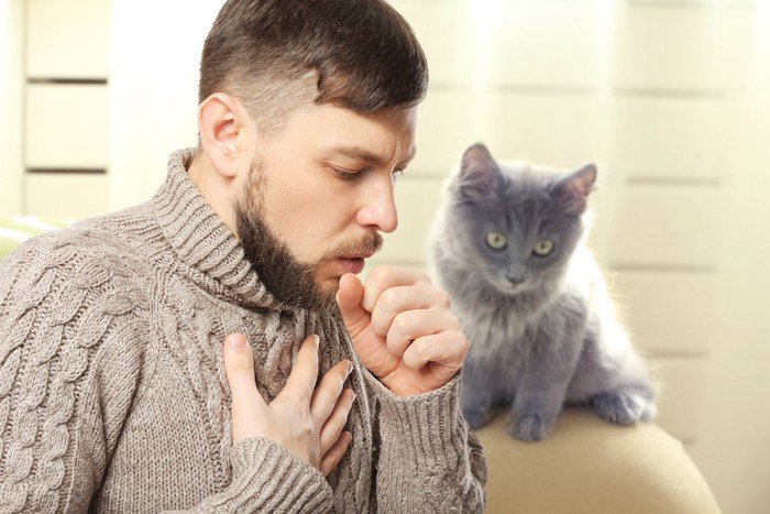 咳をしている男性とグレーの猫