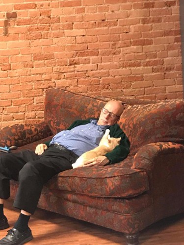 ソファで寝るおじいちゃんと黄色の猫