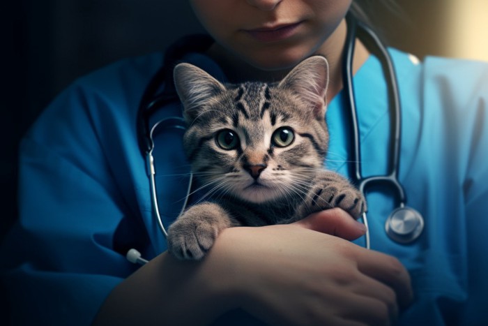 獣医師に抱っこされる猫