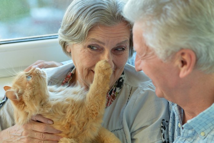 猫を抱く老女と笑顔の老人