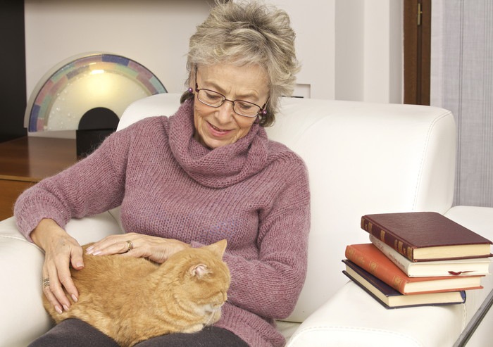 高齢の女性と猫