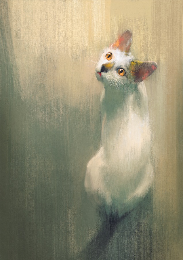 振り返る金色の瞳の白猫の水彩画