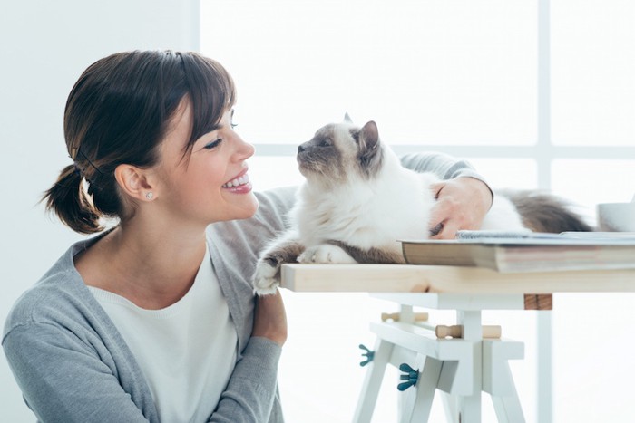 女性と机の上の猫