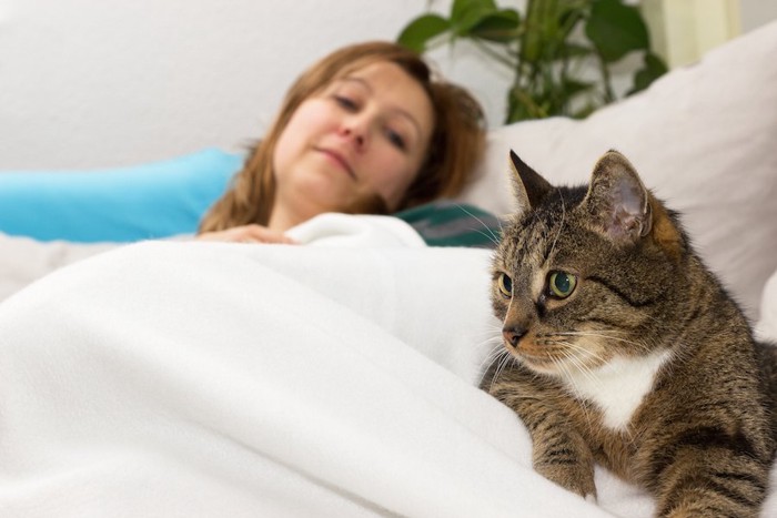 寝込む女性のそばに寄り添う猫