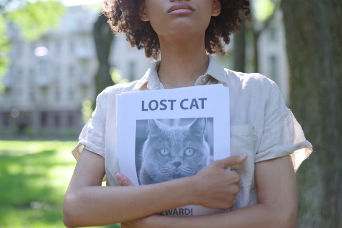 ポスターを手に猫を探す女性