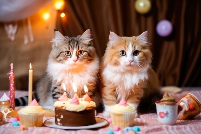 猫をケーキでお祝いする