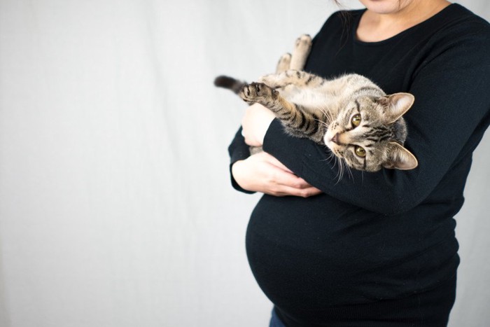 猫を抱っこする妊婦さん