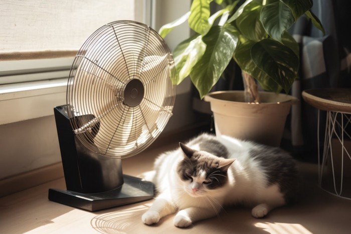 扇風機の前にいる猫