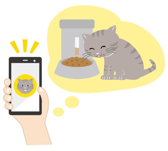 自動給餌器から食べる猫とスマホのイラスト