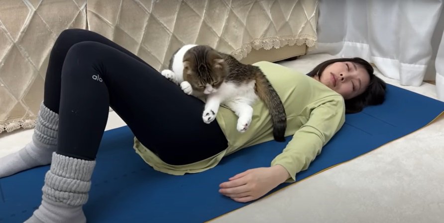 寝る女性と猫