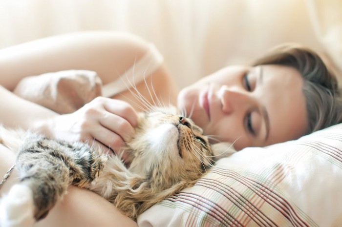 ベッドで一緒に眠る女性と猫
