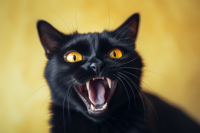 怒っている黒猫