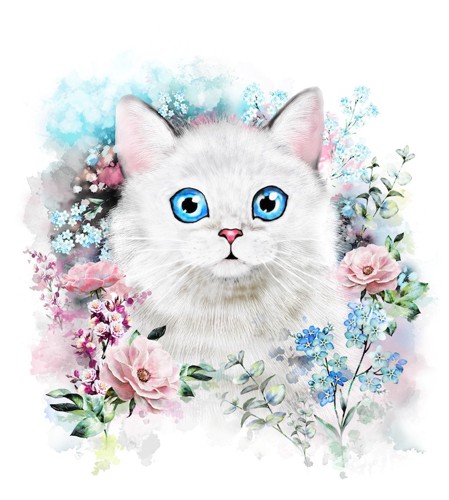 花に囲まれた青い瞳の白猫のモチーフ