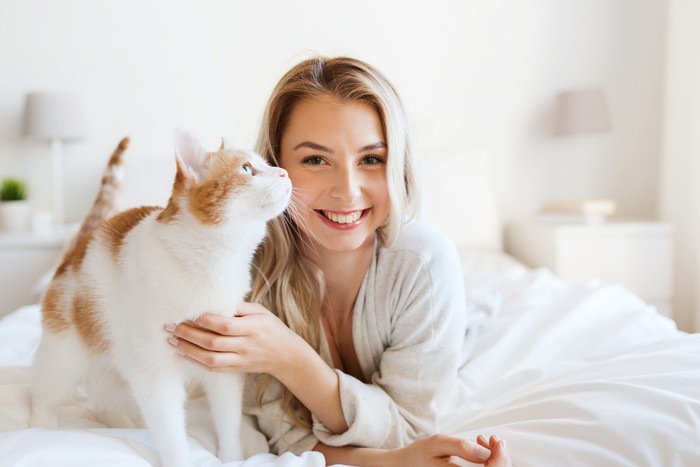 ベッドの上の猫と女性
