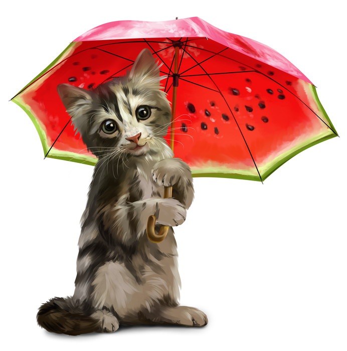 スイカの傘を持つ猫