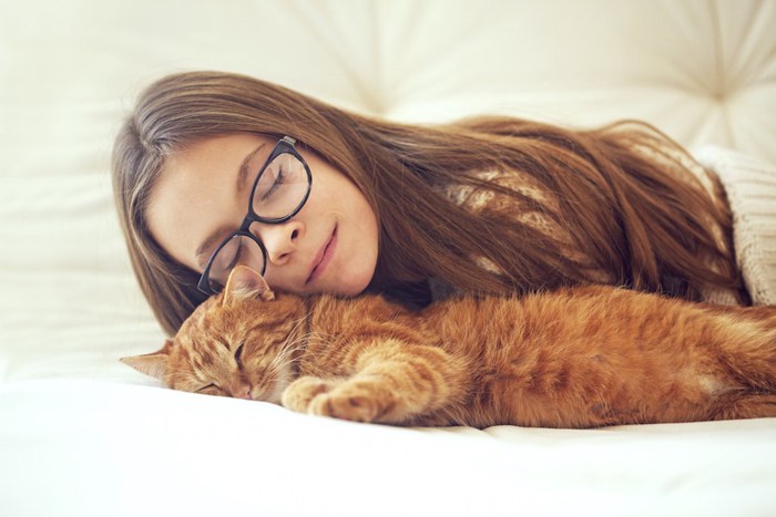 眠っている猫に添い寝する眼鏡をかけた女性
