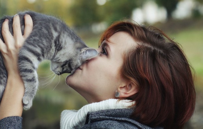 女性に抱かれてキスをされている猫