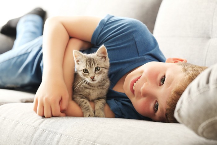 ソファーでくつろぐ少年と子猫