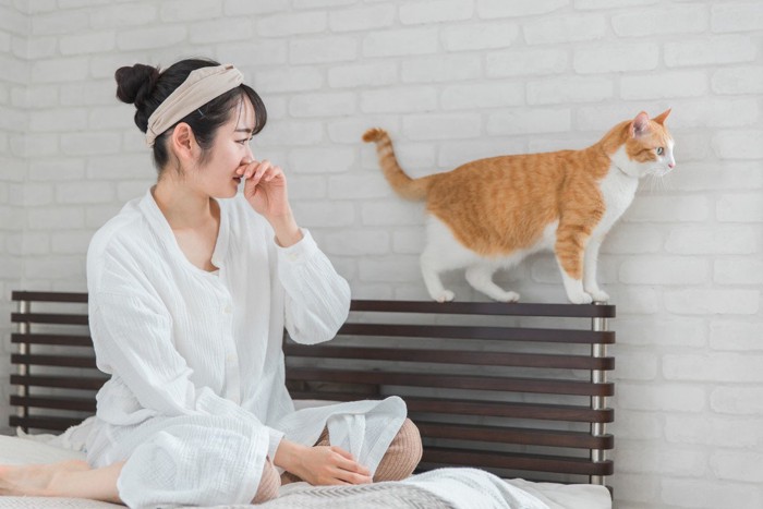 鼻を抑える女性と猫