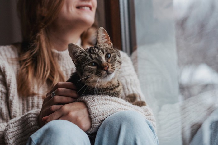 窓辺に座る女性と猫