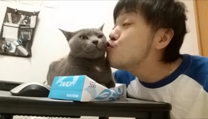 嫌そうな顔の猫とキスする人