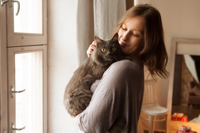 飼い主に抱っこされる猫