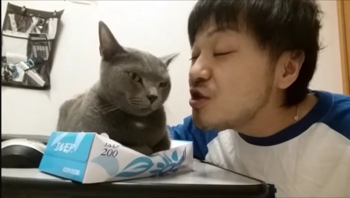 猫とキスしようとする人