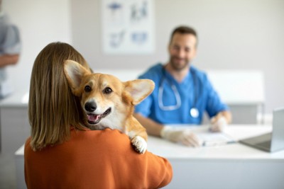 犬を抱きかかえている女性と動物病院